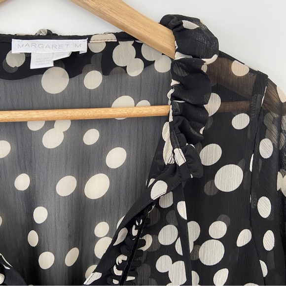 MARGARET M BLACK/WHITE POLKA DOT BLOUSE W/RUFFLE NECKLINE, SHIRRED WAIST, SM - Picture 9 of 9